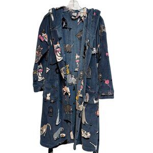 Vera Bradley Navy Plush Hooded Robe with Multicolor Cat Print